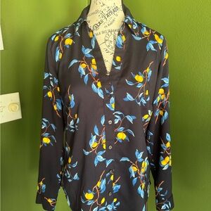 Ann Taylor Black Button-Down Shirt with Blue Leaves and Lemon branches